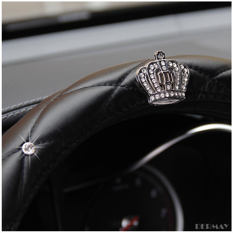 Upscale Crystal Crown Coverd Women Car Steering- Wheel Braid Luxurious Diamond PU Leather Steering Wheel Cover Diameter 38cm