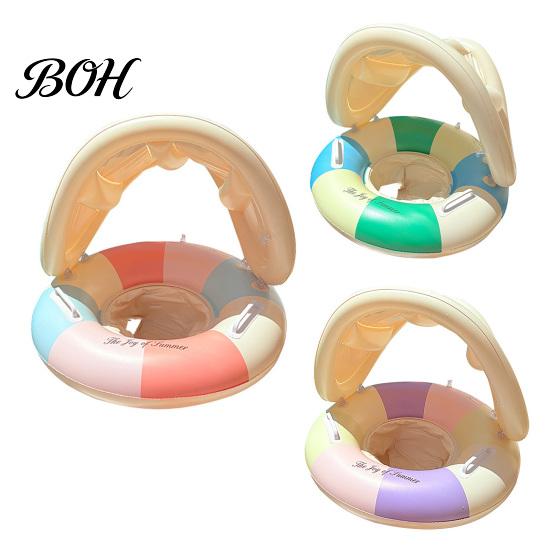Lightweight Swim Float Baby Pool with Canopy, Vintage Striped Inflatable Ring Safety Seat & Handle, Sun Protection Swimming for Toddler Kids
