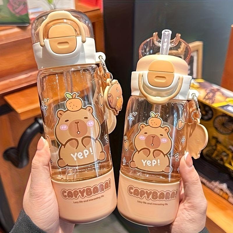 Cute Capybara Water Bottle For Kids School Portable Double Drink Tritan Space Cup with Handle Straw Strap Juice Cup BPA-Free