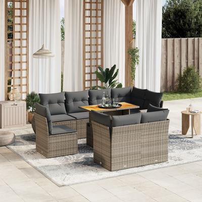 Vidaxl 9-Cz. Garden Furniture Set With Cushions, Grey, Poly Rattan