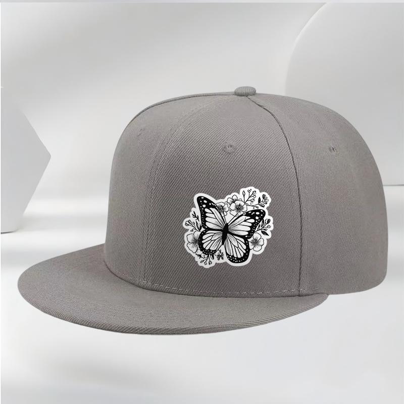 Butterfly Floral Graphic Black Baseball Cap Unisex Polyester Casual Snapback Hat for Men Women