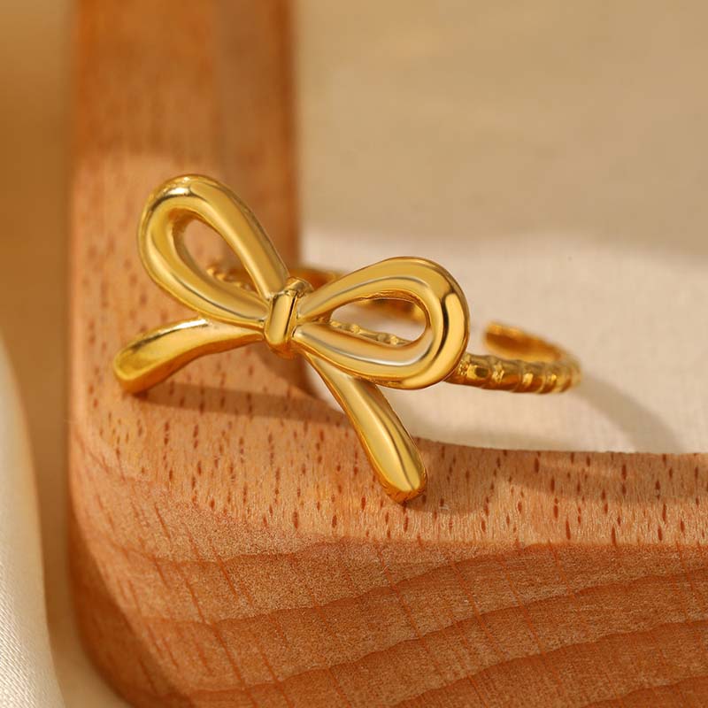 Stainless Steel Gold Color Bow Tie Rings For Women Fashion Metal Opening Adjustable Finger Ring Zircon Bijoux Gift