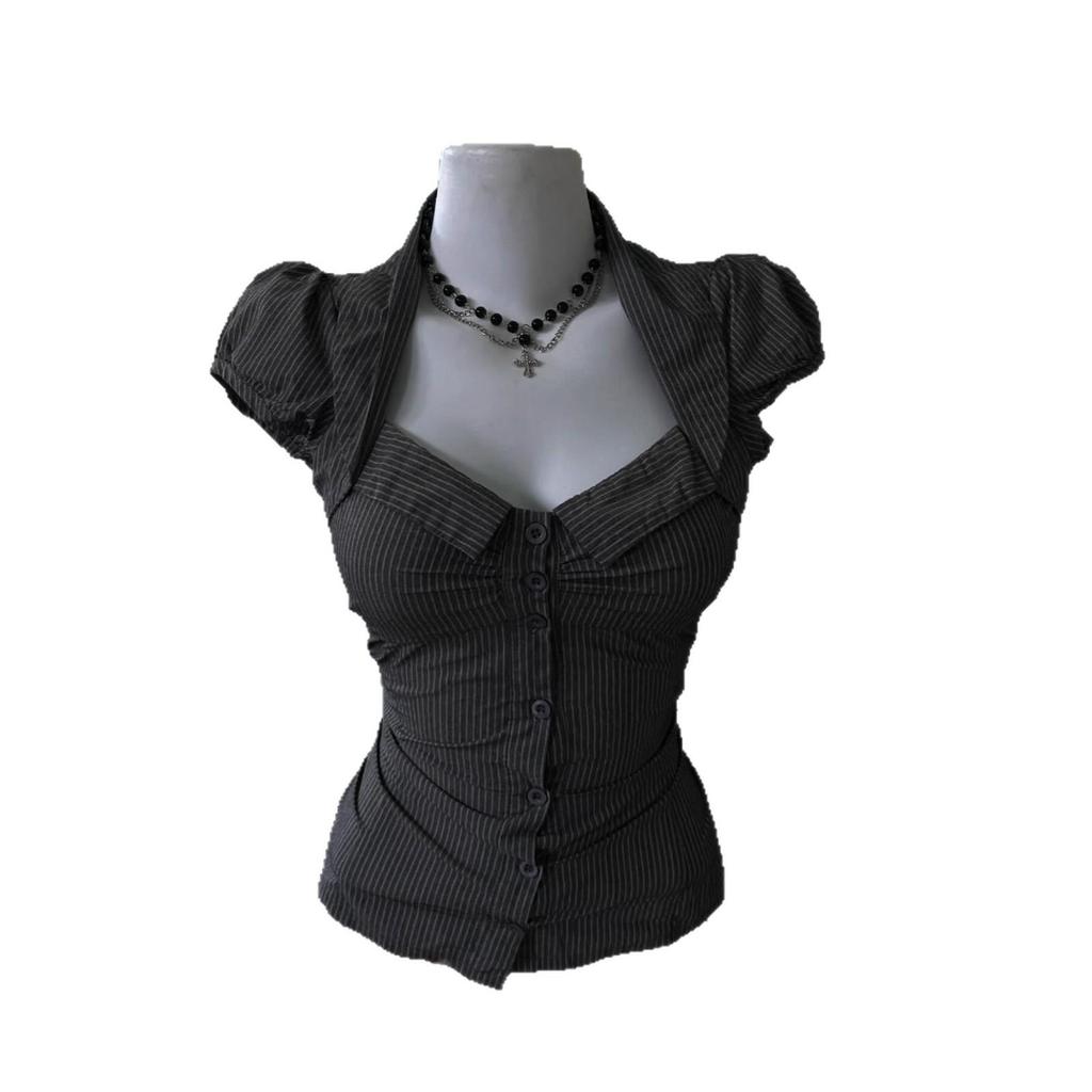Gothic Style Waist-Cinched Striped Square Neck Top - Women’s Summer 2026 Collection