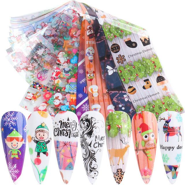 10 Sheet Winter Xmas Nails Transfer Foil Christmas Santa Claus Elk Colorful Starry Sky Paper DIY Stickers for Manicure Tips