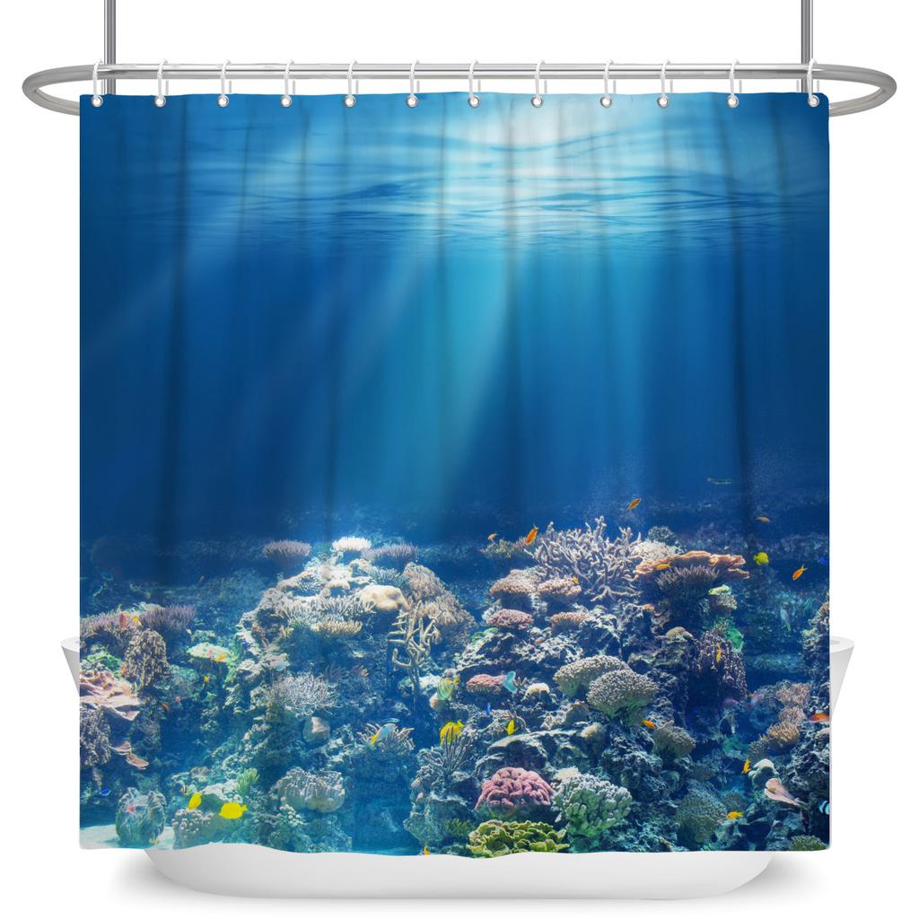 Underwater World Theme Bathroom Shower Curtain Sharks Turtles Jellyfish Decor Waterproof Bathroom Polyester Curtain With Hooks