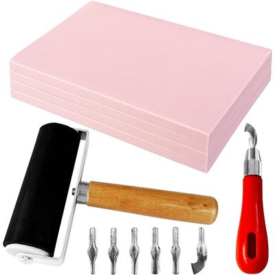 M-Modern-Pink Rubber Block For Stamp Maker , 4 Pack Rubber Carving Blocks , Stamp Carving Blocks With Cutter Tools , DIY Printma