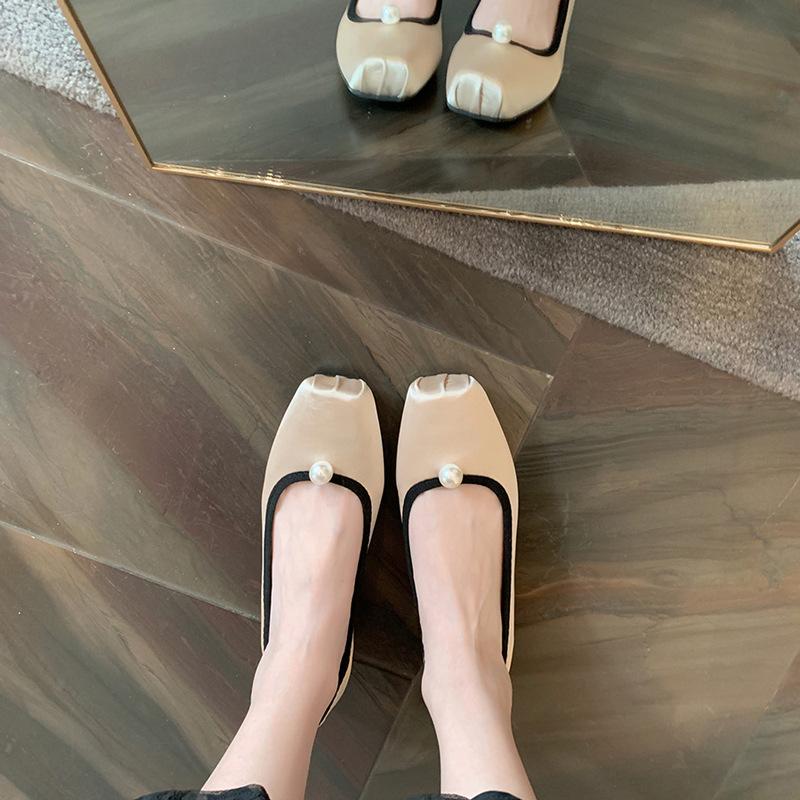 Grape Mother Studiee New Satin Pearl Square Head Temperament Versatile Shallow Mouth Ballet Flat Shoes Women