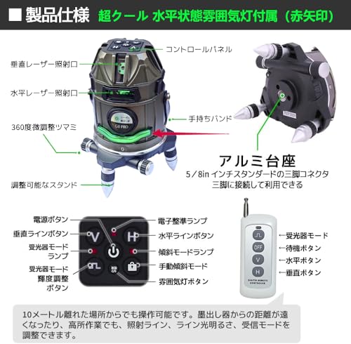 SINCONTOOLS Model-G8, Inclination Function, Full Line, Omnidirectional, Sharp LED, High-Quality Electronic Level, 8-Line Green Laser Level, Optical Me