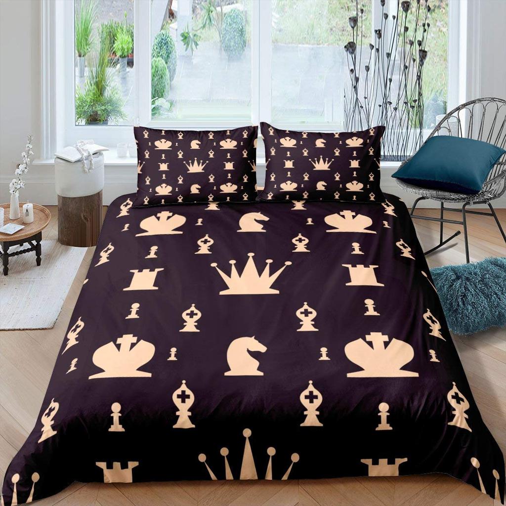 Międzynarodowy Zestaw Poszwy na Kołdrę Szachową Rozmiar Queen Zestaw Pościeli dla Miłośników Szachów Dla Dzieci Dorosłych Mikrofibra Czarna Baza 2/3 szt. Poszwa na Kołdrę