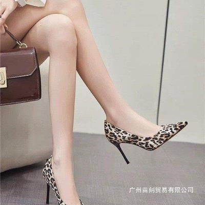 European Station European and American Leopard Print High Heels Women's Thin Heels Sexy Pointed Single Heel Shoes Shallow Mouth