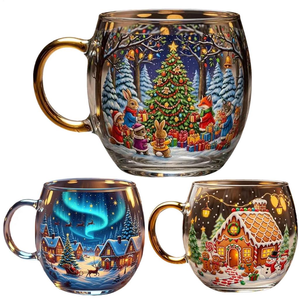 Christmas Transparent Painted Glass Mug 300ml Christmas Theme Coffee Cup Stocking Stuffer Coffee Mug For Hot Cocoa Latte