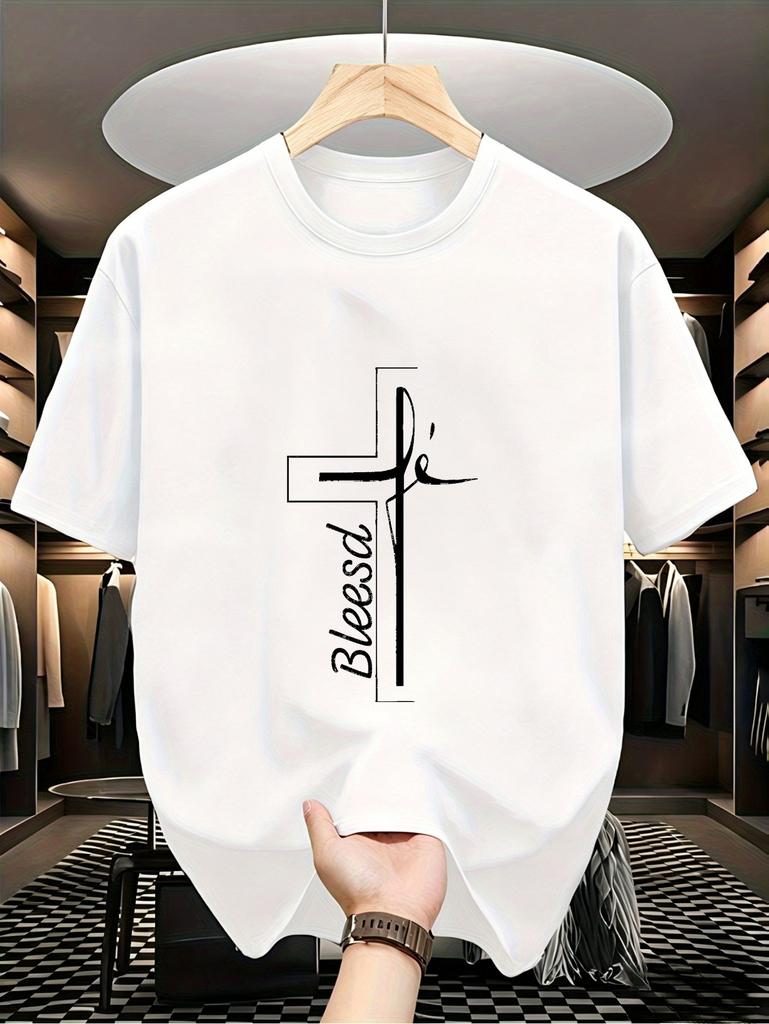 Men'S Faith T-Shirt Featuring a White Cross And Greek Blessing Print Black Religious Wear Short Slee