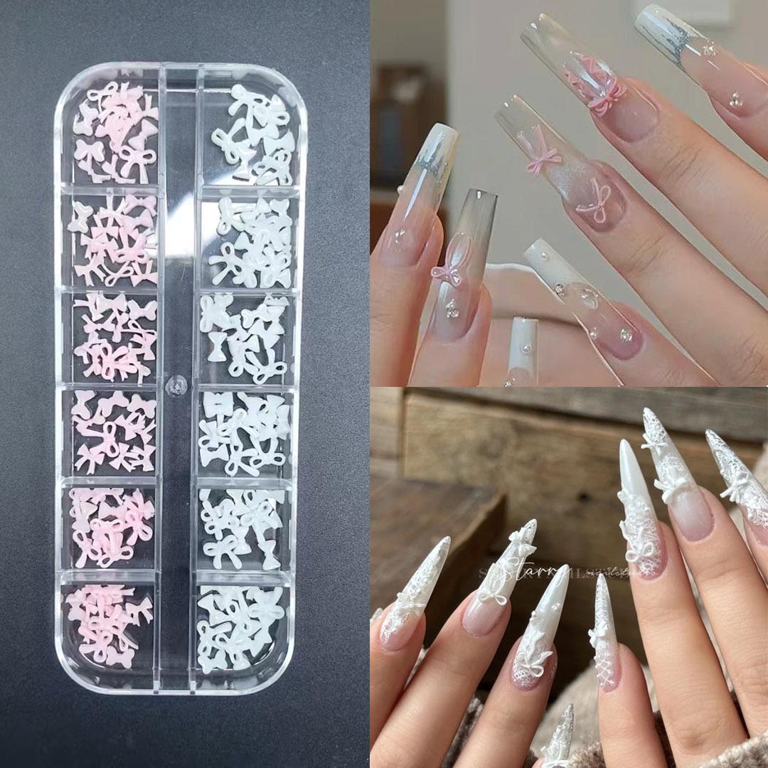 Mini Pink & White Bow Nail Art Charms - Trendy Press-on Gel Nails & Bow Tie Accessories