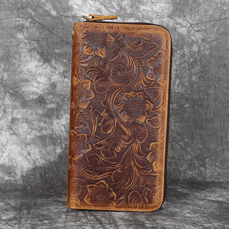 Men's Wallet, Leather Zipper, Handbag, Retro Embossed Top Layer Cowhide