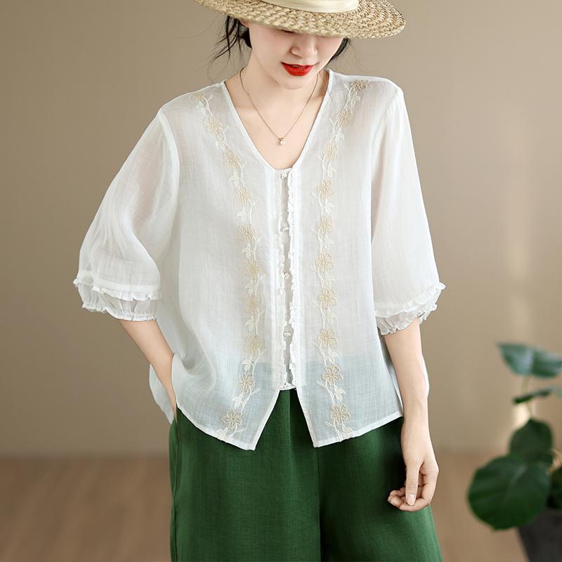 DIMANAF 2026 Summer New Plus Size Women Blouse Shirt Elegant Embroidery Floral Lady Tops T-Shirt Cotton Fashion Clothing