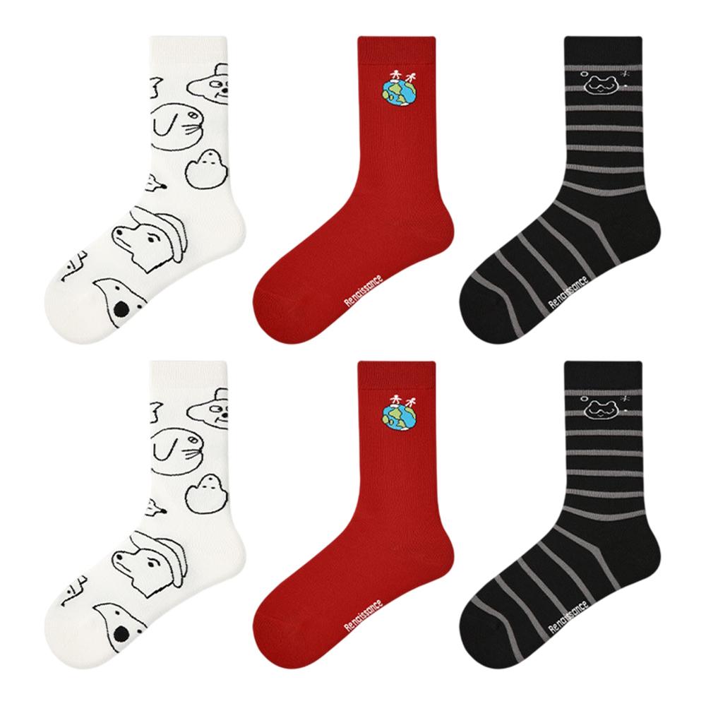 3 Pairs Fashion Cotton Socks Breathable Moisture Wicking Elastic Mid Calf Socks for Women