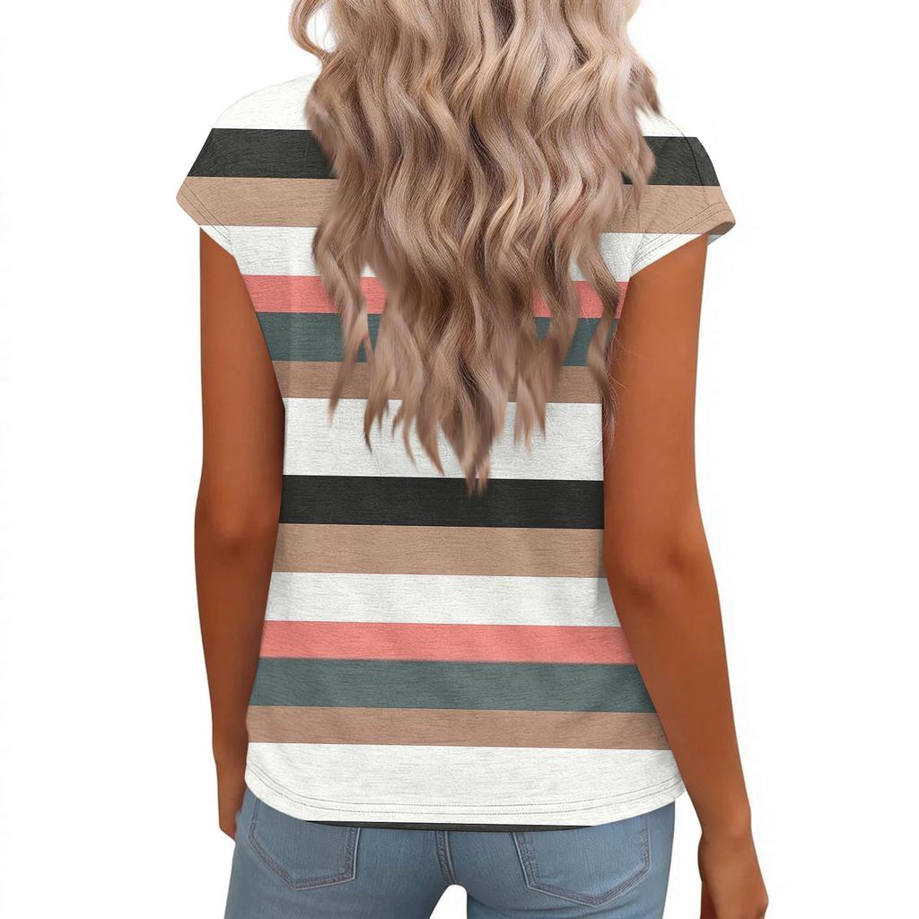 Damen Mode V-Ausschnitt Gestreifter Print Kurzarm Top