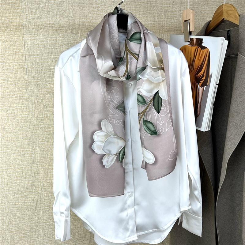53*170cm High-grade 100% Mulberry Silk Scarf Lotus Luxury Shawl Neckerchief Gift Spring Autumn for Women