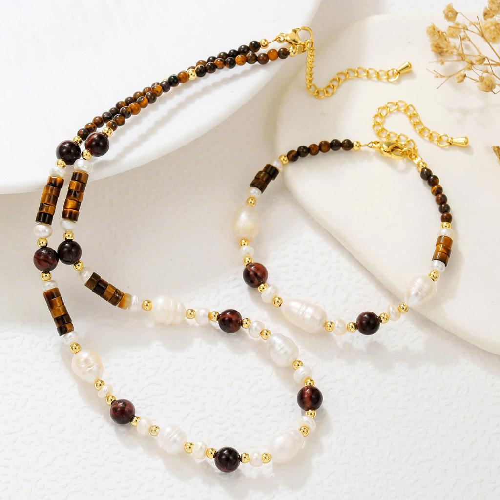 Caramel-Colored Tiger Eye & Freshwater Pearl Necklace and Bracelet Set: High-End Autumn/Winter Style