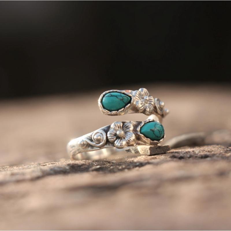 Bohemian Double Flower Green Synthetic Cobalt Oxide Ring For Men And Women'S Jewelry Suitable For Daily Wear And Holiday Gifts