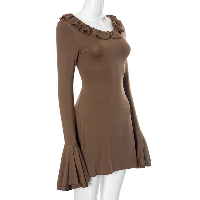 European and American women's pure color lace sweet trumpet long sleeved slim fit dress