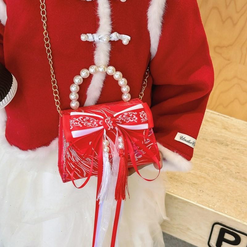 Red Fashionable Lightweight Childrens Bag With Playful Bow And Pearl Detail Girls For