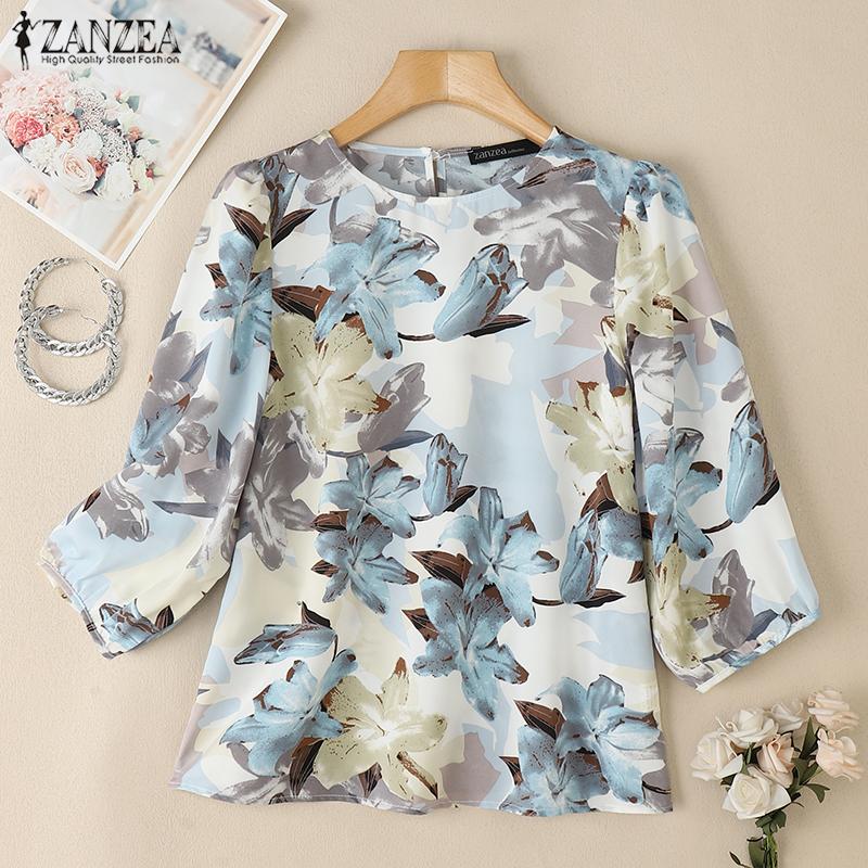 ZANZEA Women Summer Round Neck 3/4 Sleeve Loose Print Blouse