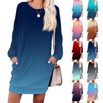 Women's Gradient Printed Fashionable Long-sleeved Round-neck Pocket Dress