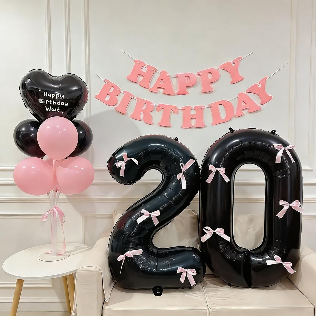 Ballons Noir Grande Taille Chiffres 0-9, Fournitures de Fête d'Anniversaire Décorations, avec Papillon Rose Fête d'Anniversaire, Décoration d'Anniversaire