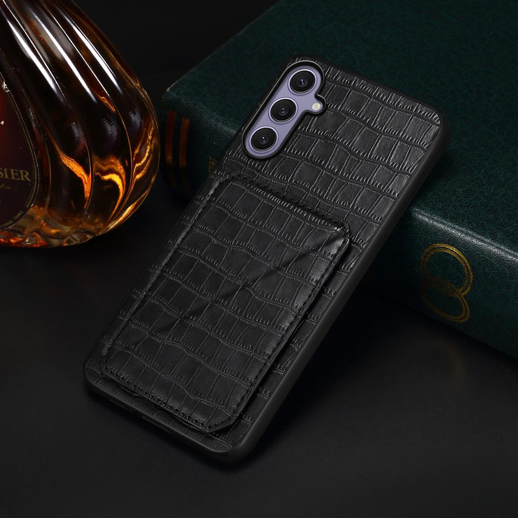 For Samsung Galaxy S25+ Case with Card Holder Leather + PC + TPU Crocodile Textured Back Cover
