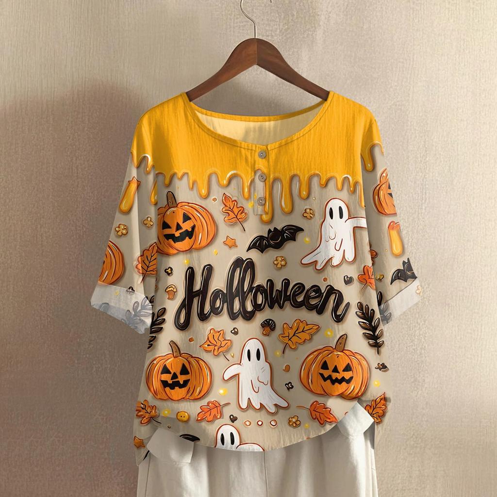 Camicia alla moda e casual da donna a maniche corte con scollo rotondo e stampa, blusa top in cotone e lino