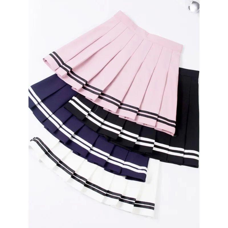 Striped High Waisted Pleated Skirt Stripe College Style High Waist Elastic Pleated Skirt