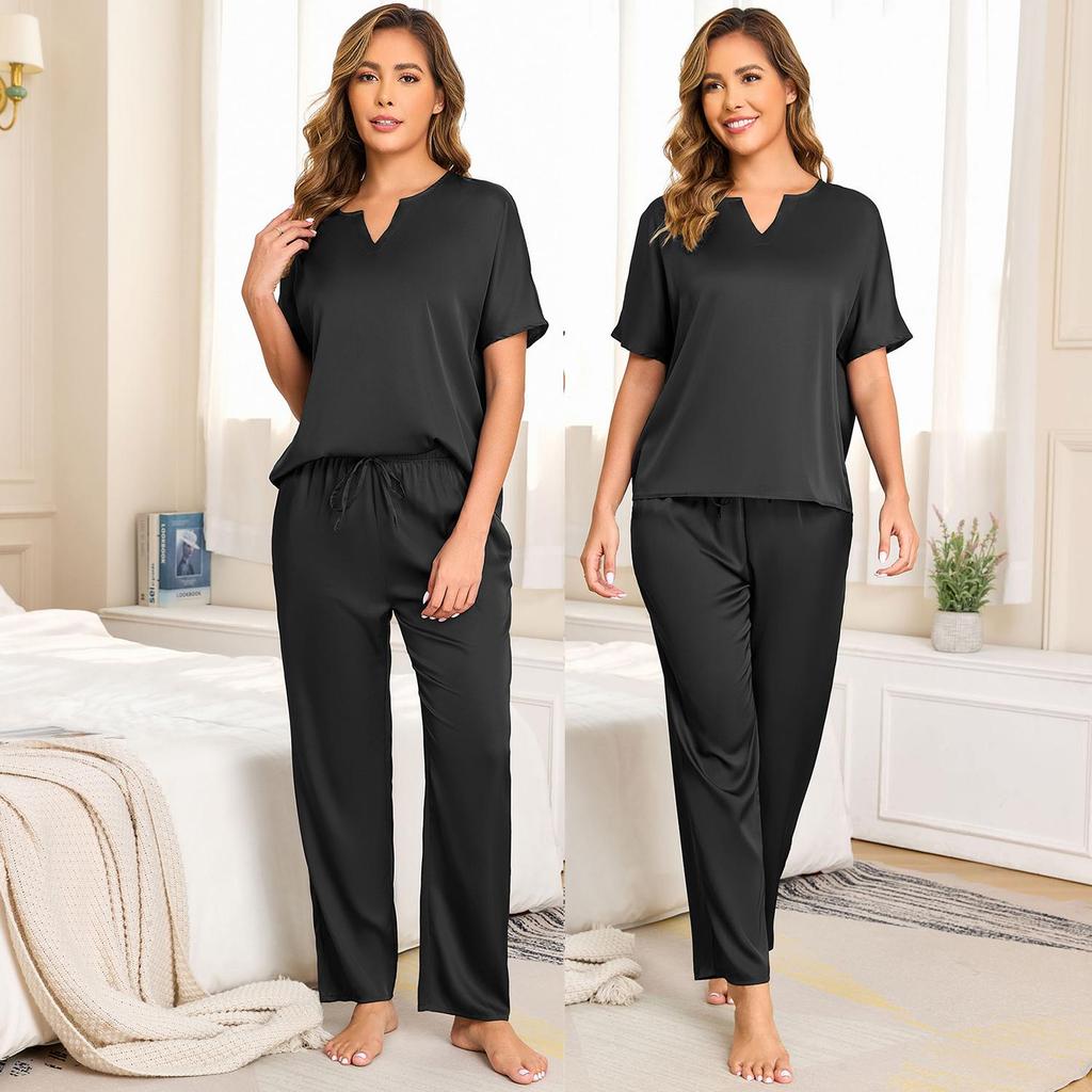 Damska piżama Imitacja jedwabiu 2 częściowe stroje do spania Krótki rękaw V-neck Koszulki Długie spodnie Luksusowy satynowy Wiosna Lato Nocne do spania do wypoczynku