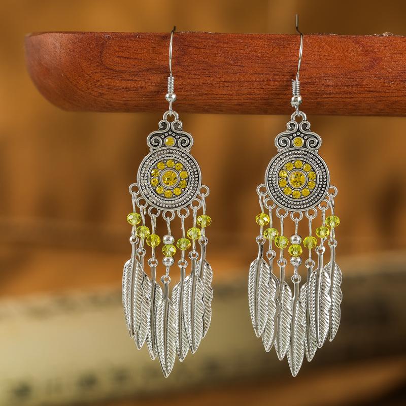 Vintage Bohemian Drop Dangle Earrings For Women Geometric Crystal Beads Handmade Leaf Tassel Ethnic Boho Beach Holiday Zircon