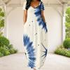 Women Plus Size Round Neck Short Sleeve Blue White Printed Loose Maxi Dress With Side Pockets