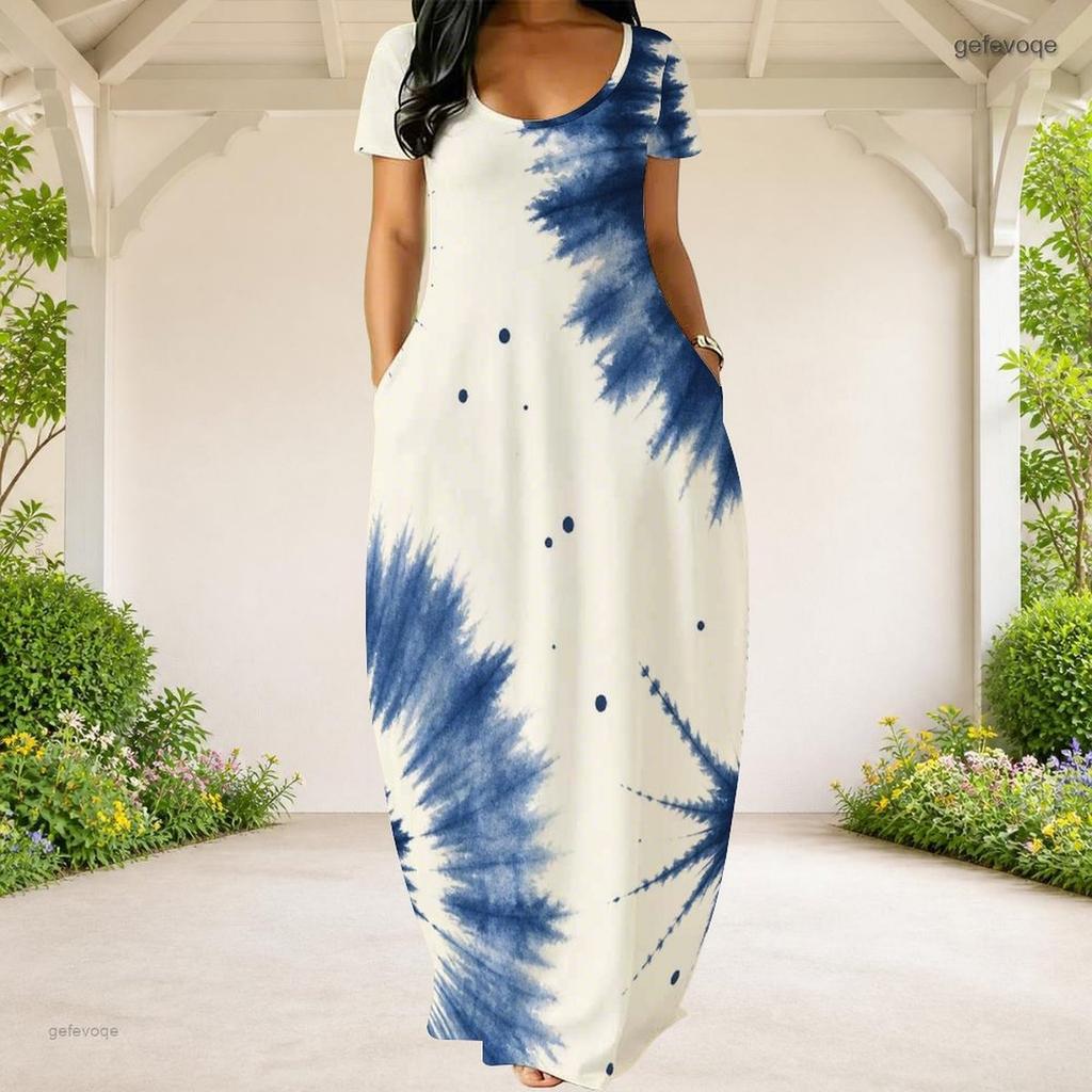 Women Plus Size Round Neck Short Sleeve Blue White Printed Loose Maxi Dress With Side Pockets