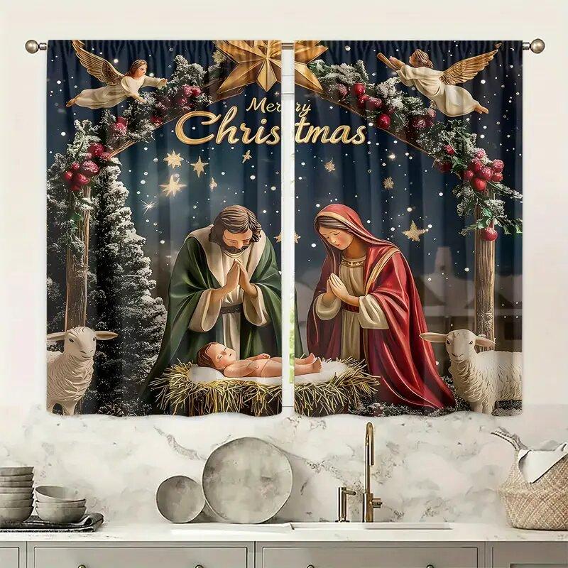 Christmas Themed Curtains Pole Bag Home Decoration Room Window Set Of 2 Made Polyester