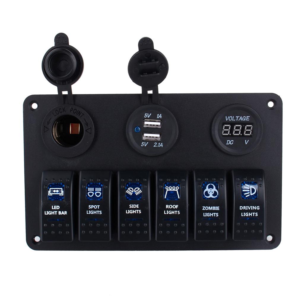 6 Way LED Car Boat Rocker Switch Panel   USB Socket   Cigarette Plug   Voltmeter