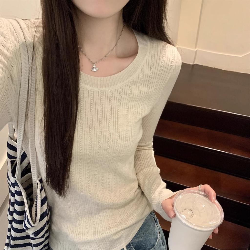 Korean Style Slim Fit Elegant Thin Round Neck Pullover Soft Knitwear Spring Base Layer Long Sleeve Versatile Top For Women
