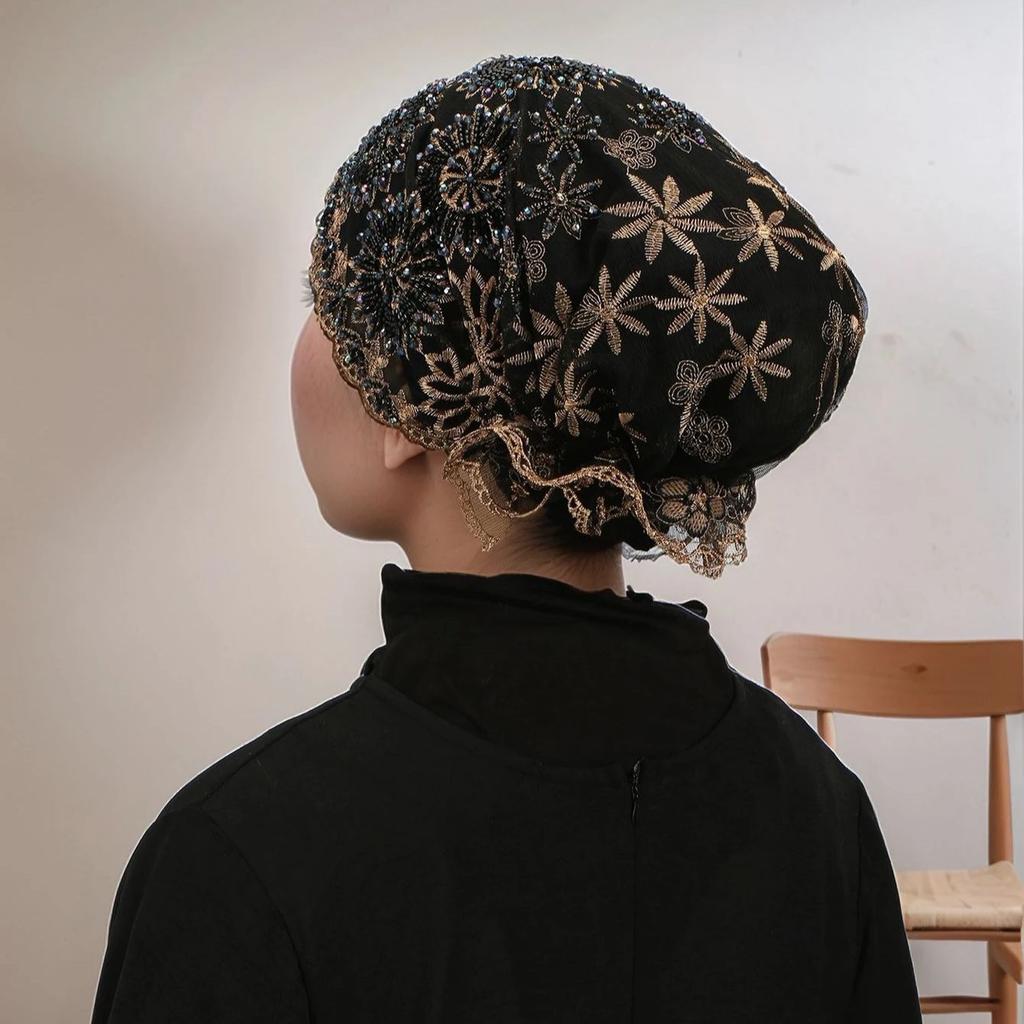 Fashion Luxury Muslim Pearl Lace Inner Cap Elastic Islamic Headwear For Women Elegant Prayer Cap Decorative Head Cover