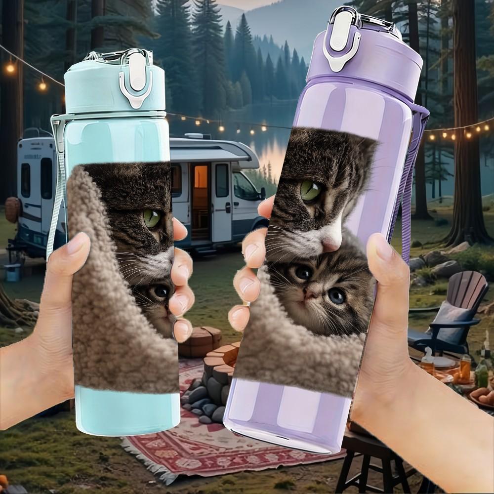 1PC Cat Curled Inside Soft Sack Print 750ml Color Plastic Sports Water Bottle Leakproof Flip Straw Lid Suitable for Sports Office Home Use