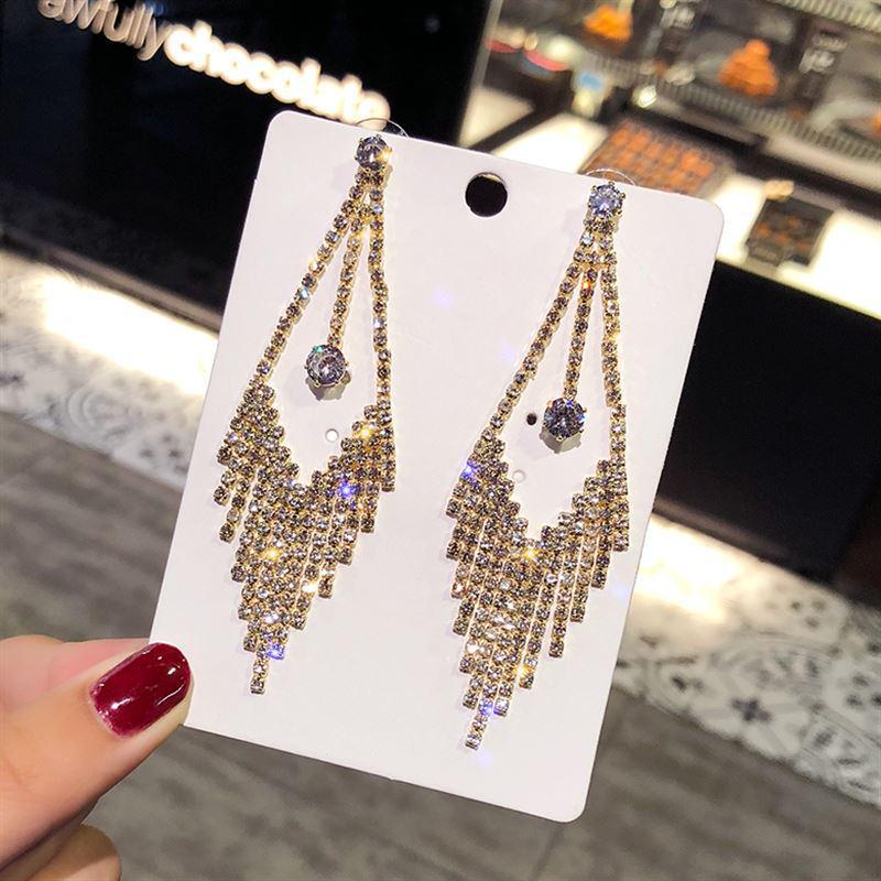 Korean Style Blue Sea Tassel Rhinestone Long Drop Earrings for Women золотой
