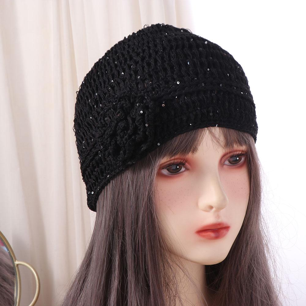 Glitter Crochet Flower Hat Handmade Weave Cap Fashion Sequin Knitted Hat  Outdoor