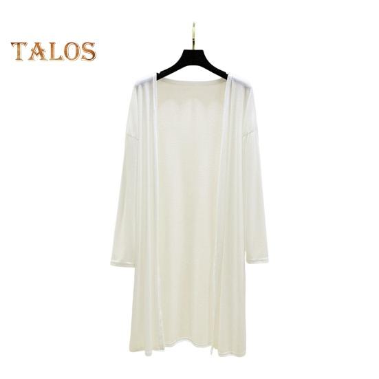 Women Casual Coat Collarless Long Sleeve Open Stitch Mid-length Cardigan Solid Color Thin Sun Protection Coat