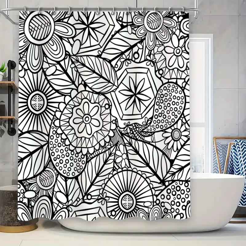 

Black White Shower Curtain Decorative Flowers Waterproof Bath Mat Room Decoration Home Accessories Bathroom Liner 180X275Cm W60H190(CM)-1 Pcs