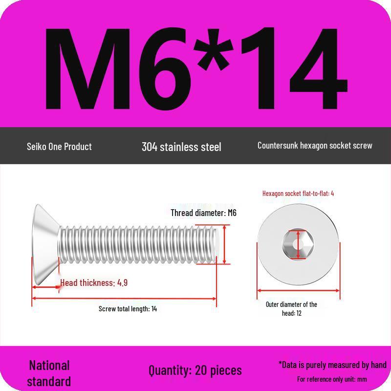 M2-M10 Stainless Steel Flat Head Machine Screws and Bolts Set, Countersunk Hex Socket Cap, 304 Grade.