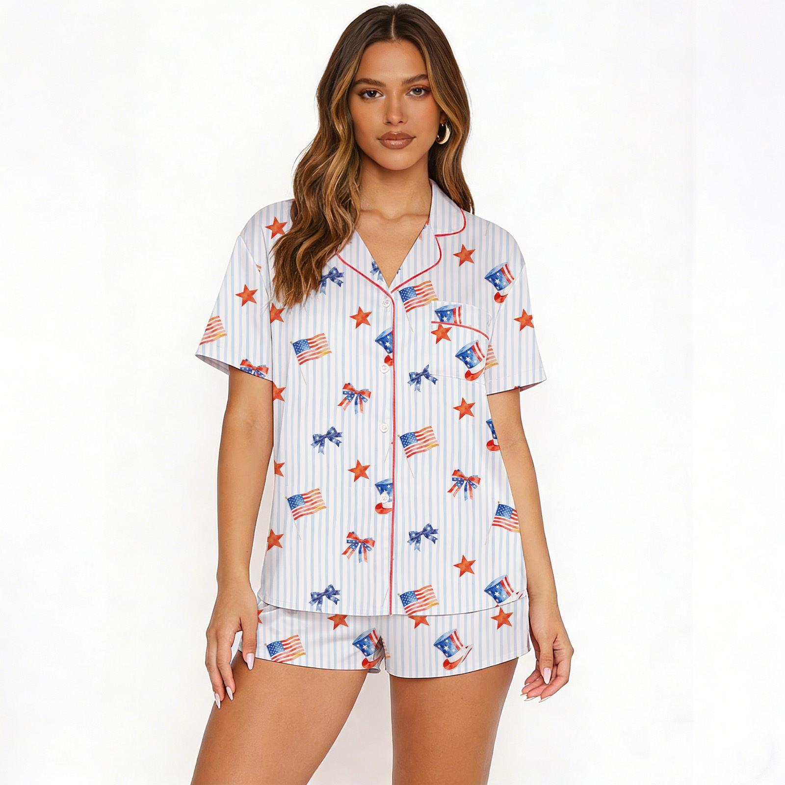 2026 Cross-border foreign trade new women s pajamas printed short-sleeved shorts lapel European and American S белый