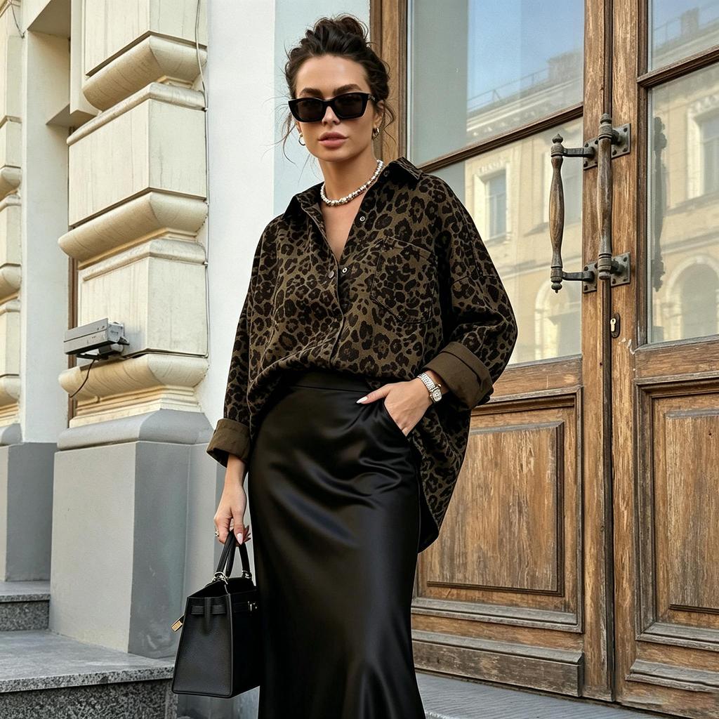 Women's Retro Leopard Print Lapel Jacket Casual Coat