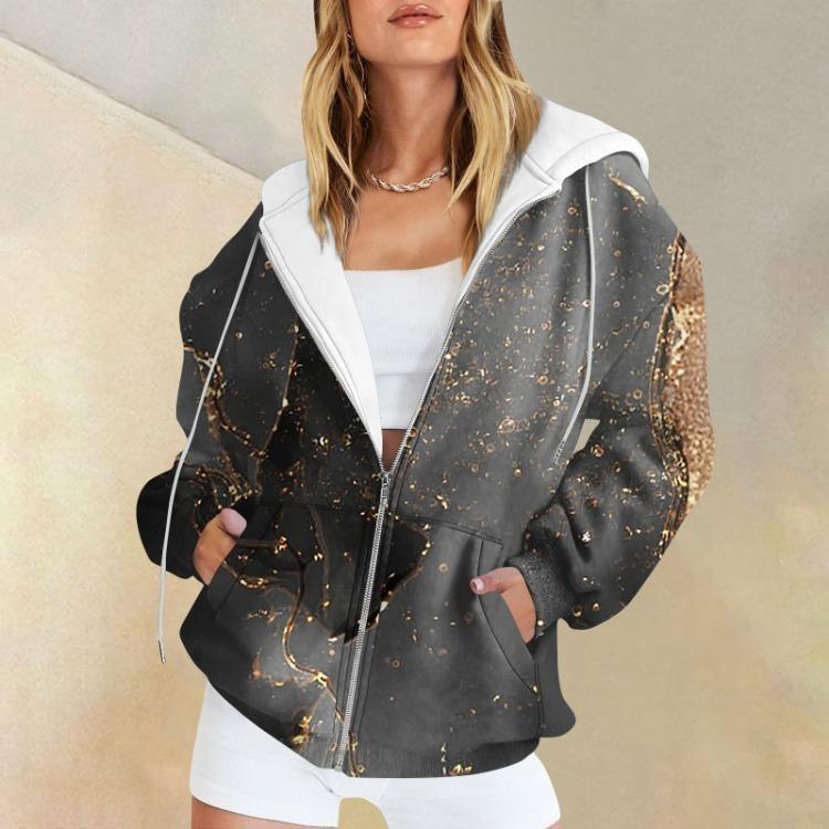Damen Lässig Langarm Bedruckte Kapuzenpullover Sweatshirts Reißverschluss Pullover Textur Mantel Mode