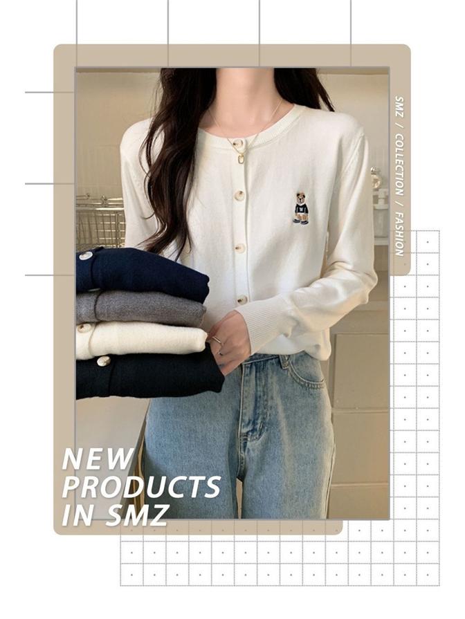 2025 Spring & Autumn Little Bear Knit Cardigan: Women's Long Sleeve Lazy Style Sweater